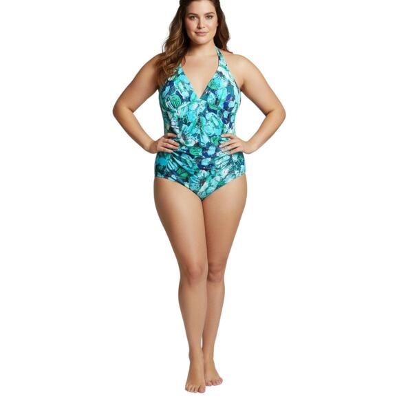 Tropical Escape Other - NWT Tropical Escape Swimsuit SZ 16 1 piece Cabana Blue Silver Metallic Ruching